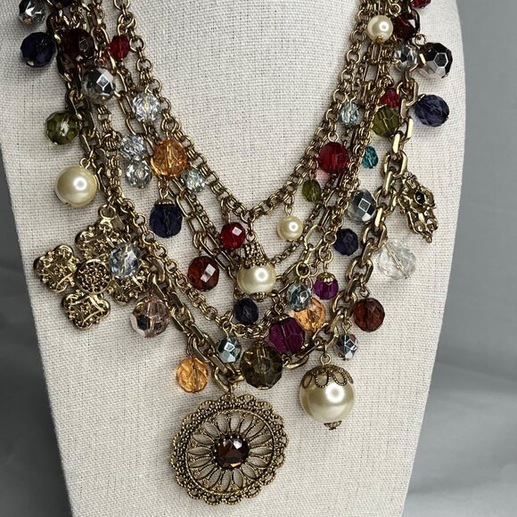 Multi-Strand Gold Chain Necklace With Colorful Beads Faux Pearls - Picture 2 of 4